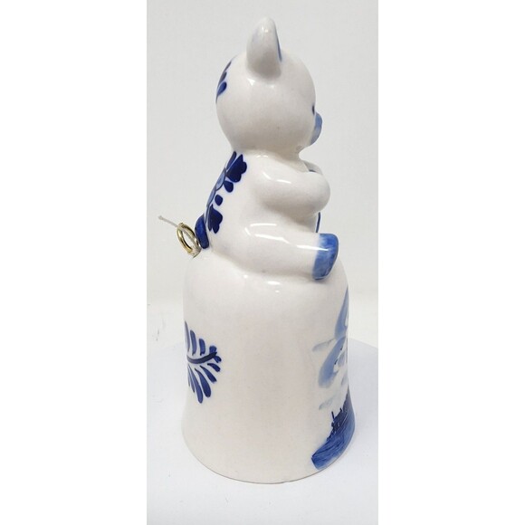 Vintage Delft Blue Teddy Bear Bell Handle 4.5" Blue & White Ceramic Windmill - Picture 3 of 11